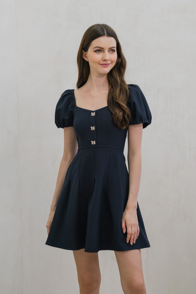 Precious Ribbon Button Puff Sleeve Dress In Navy