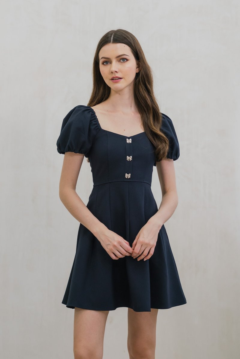 Precious Ribbon Button Puff Sleeve Dress In Navy