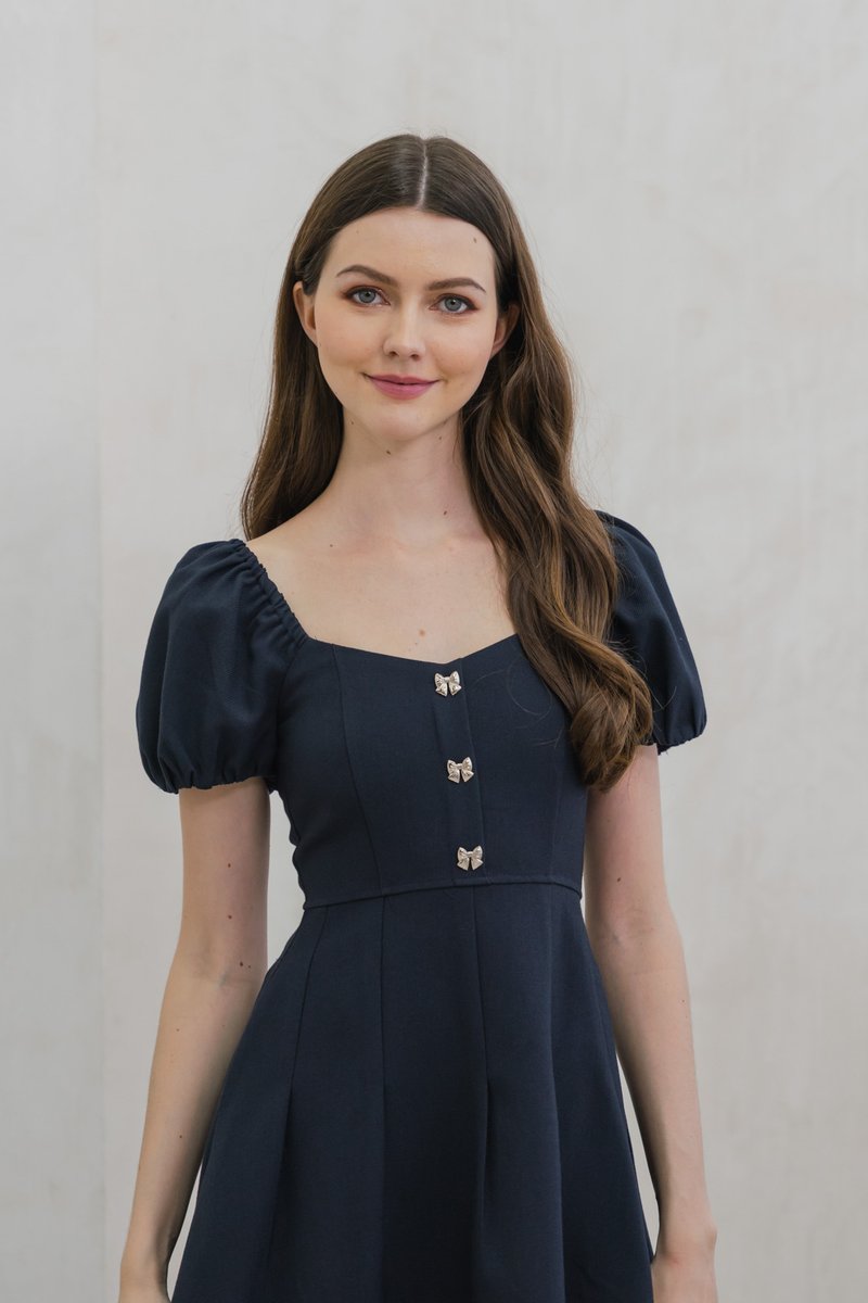 Precious Ribbon Button Puff Sleeve Dress In Navy