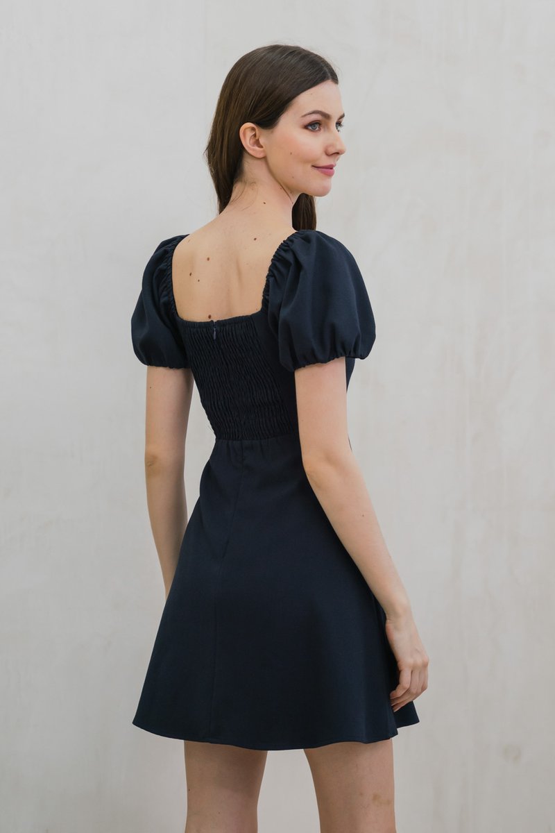 Precious Ribbon Button Puff Sleeve Dress In Navy