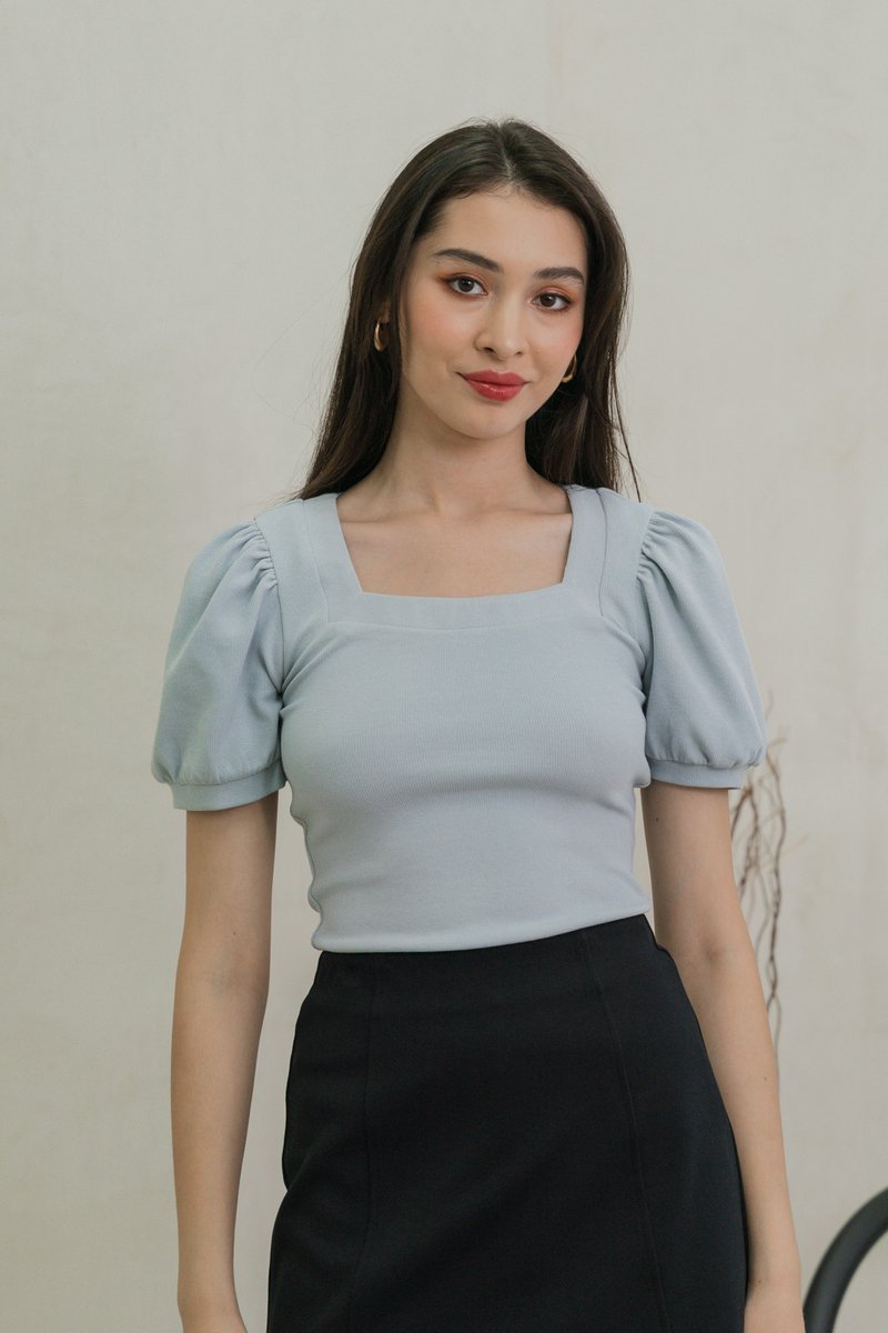 Snowy Knit Puff Sleeves Top In Dusty Blue(XL)
