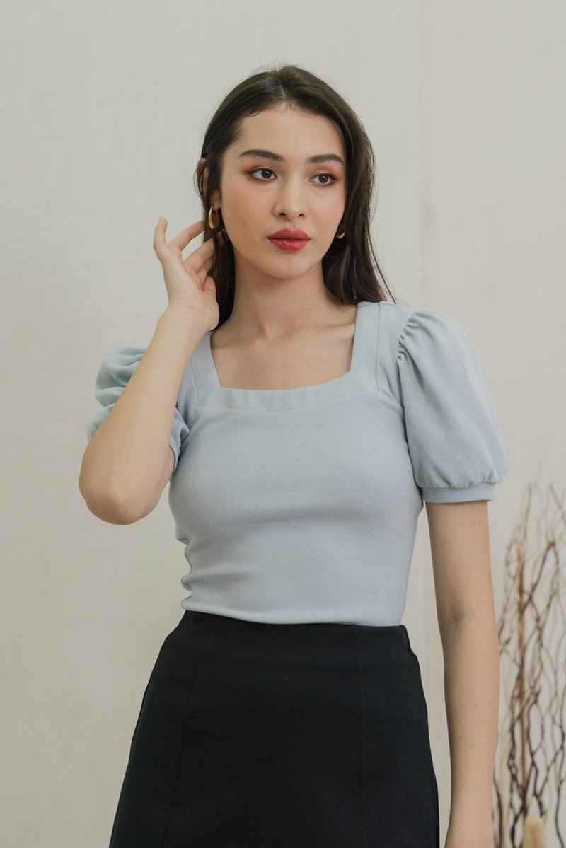 Snowy Knit Puff Sleeves Top In Dusty Blue(XL)