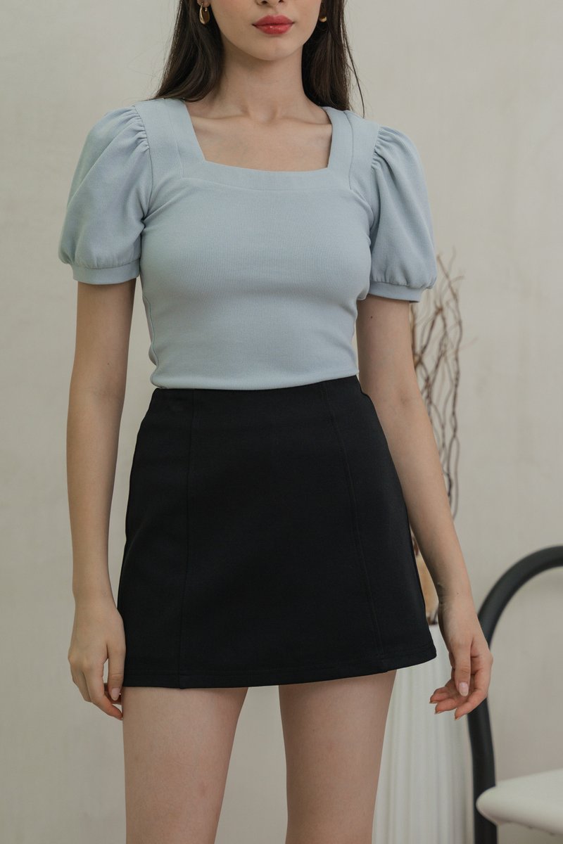 Snowy Knit Puff Sleeves Top In Dusty Blue(XL)