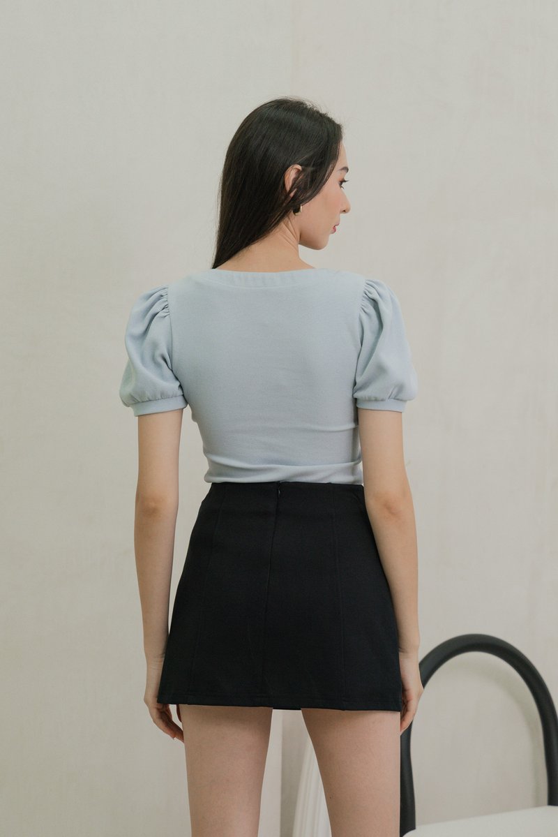 Snowy Knit Puff Sleeves Top In Dusty Blue(XL)