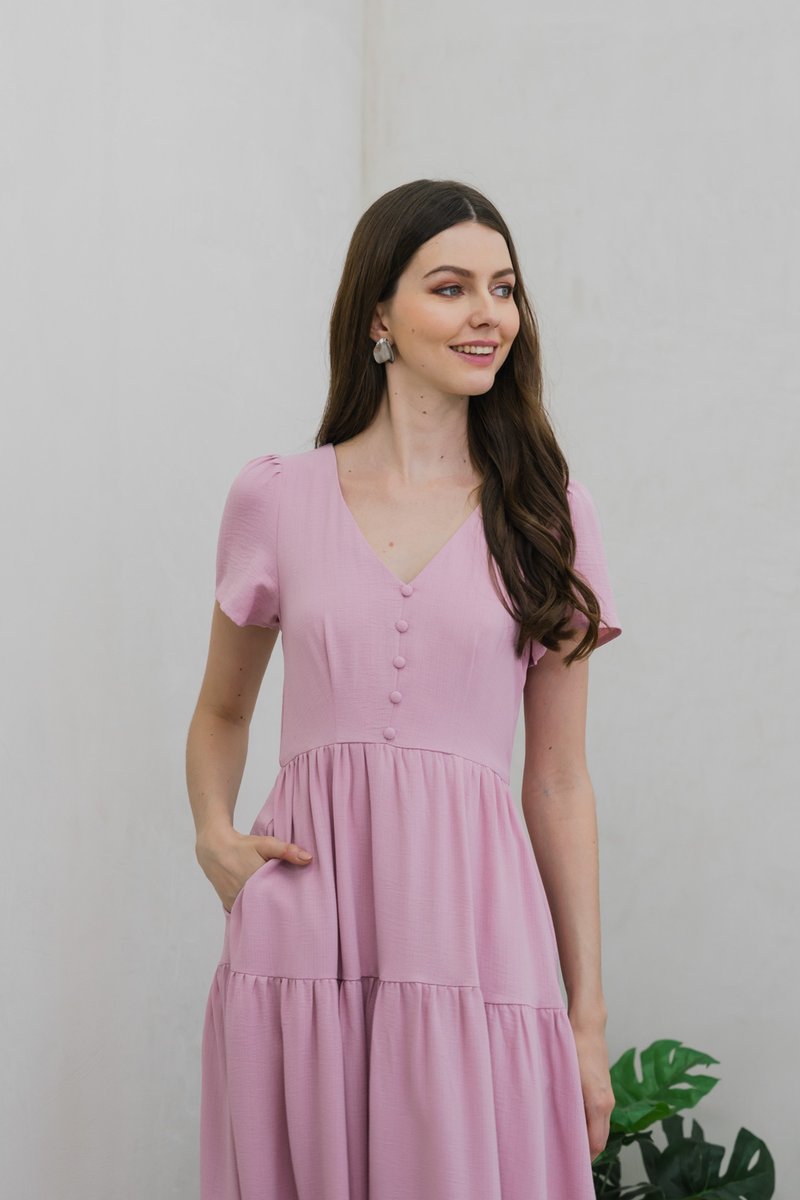 Tranquil Textured Button Tiered Midi Dress In Pink