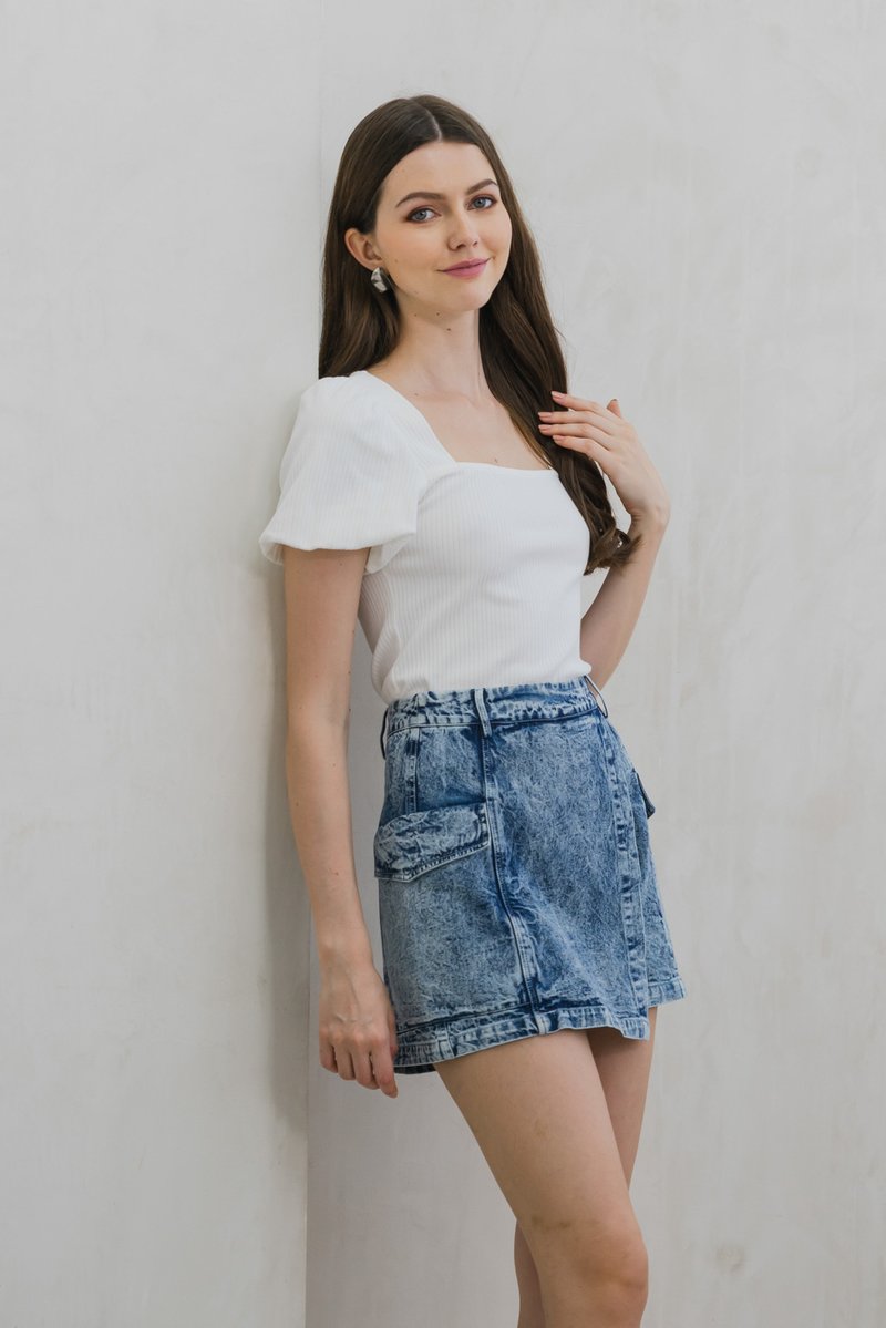 Rei Ribbed Puff Sleeve Top In White (XS)