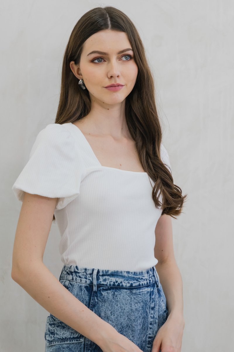 Rei Ribbed Puff Sleeve Top In White (XS)