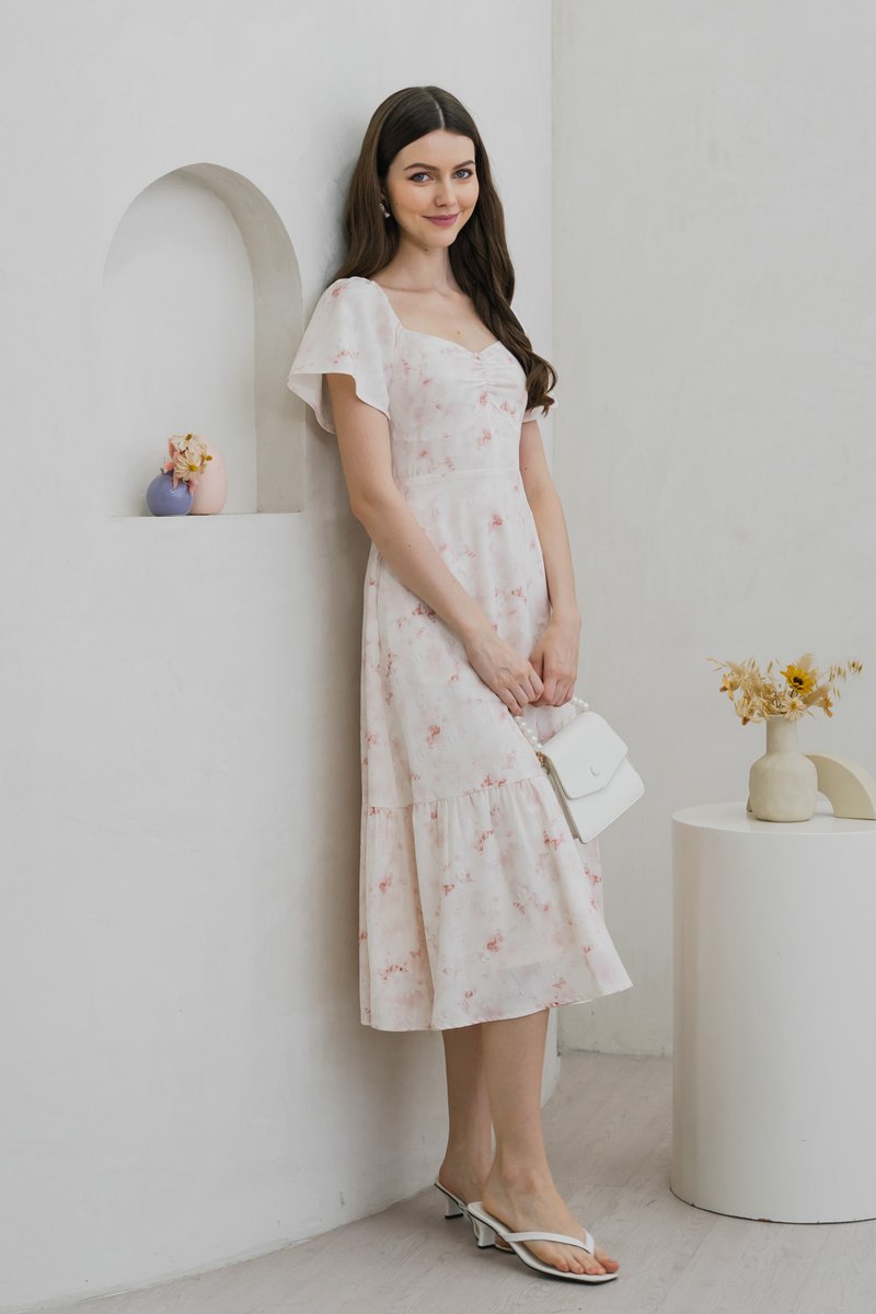 Rexa Ribbon Sweetheart Midi Dress in Pink (XS)