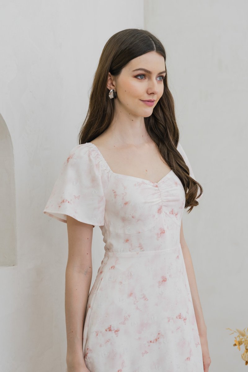 Rexa Ribbon Sweetheart Midi Dress in Pink (XS)