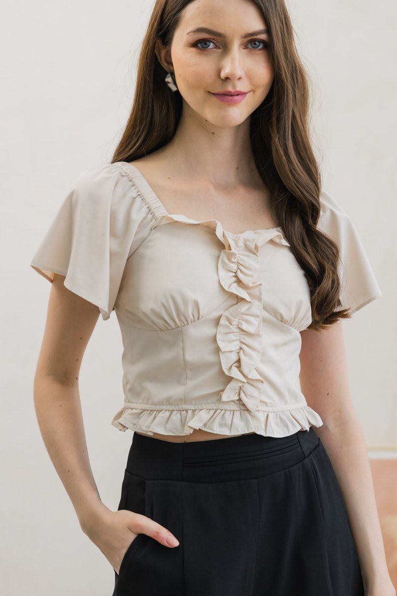 Flora Flare Sleeve Ruffles Crop Top In Ivory