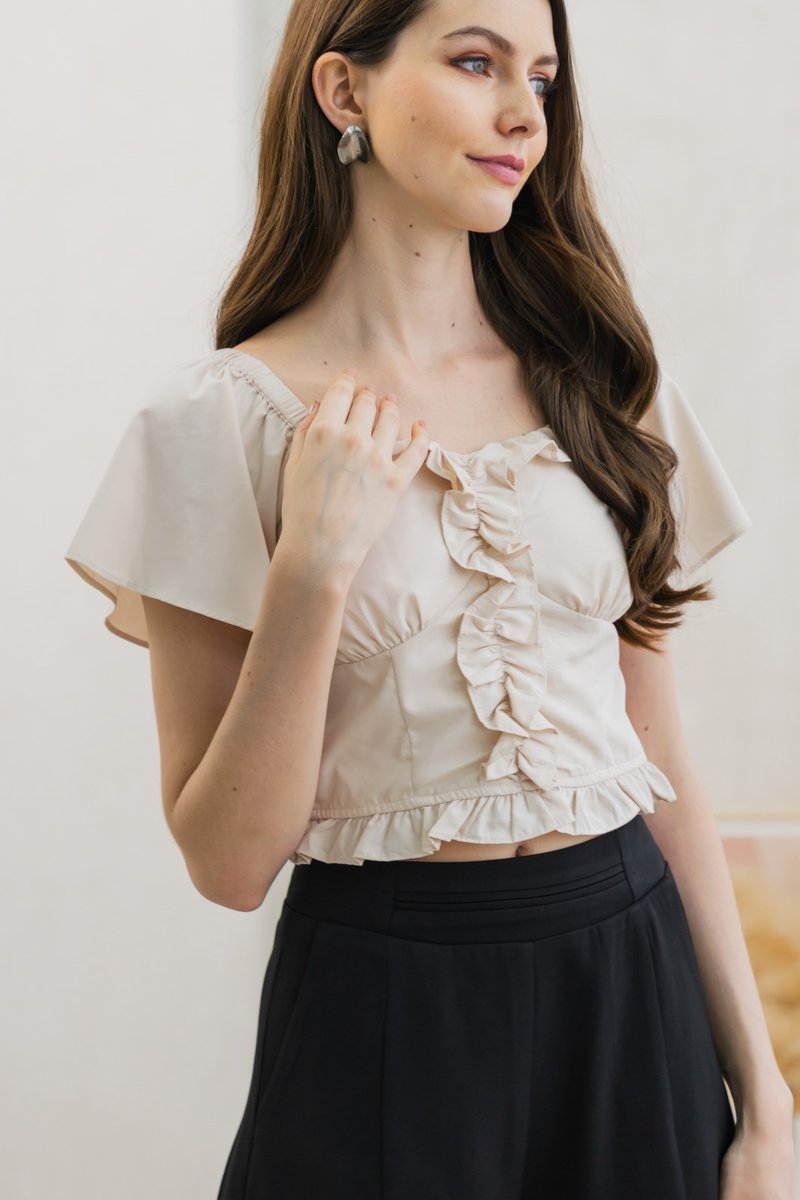 Flora Flare Sleeve Ruffles Crop Top In Ivory
