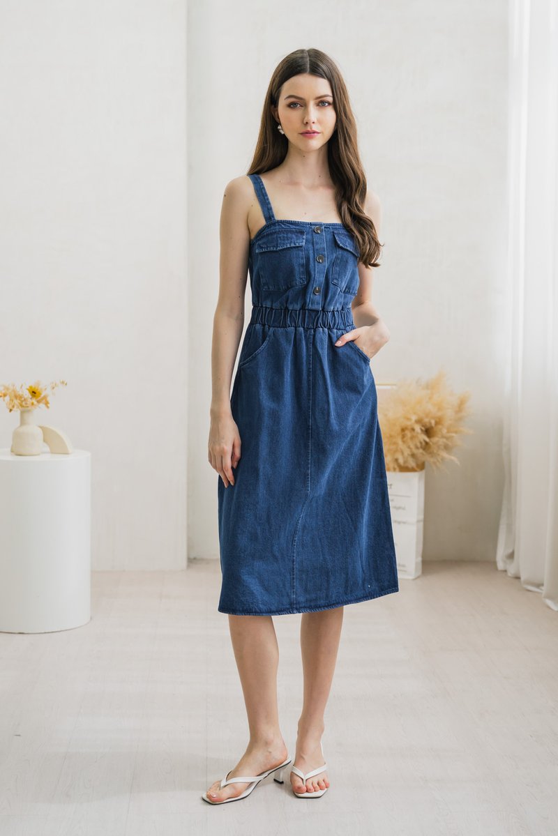 Cavell Denim Front Pocket Midi Dress (XS)