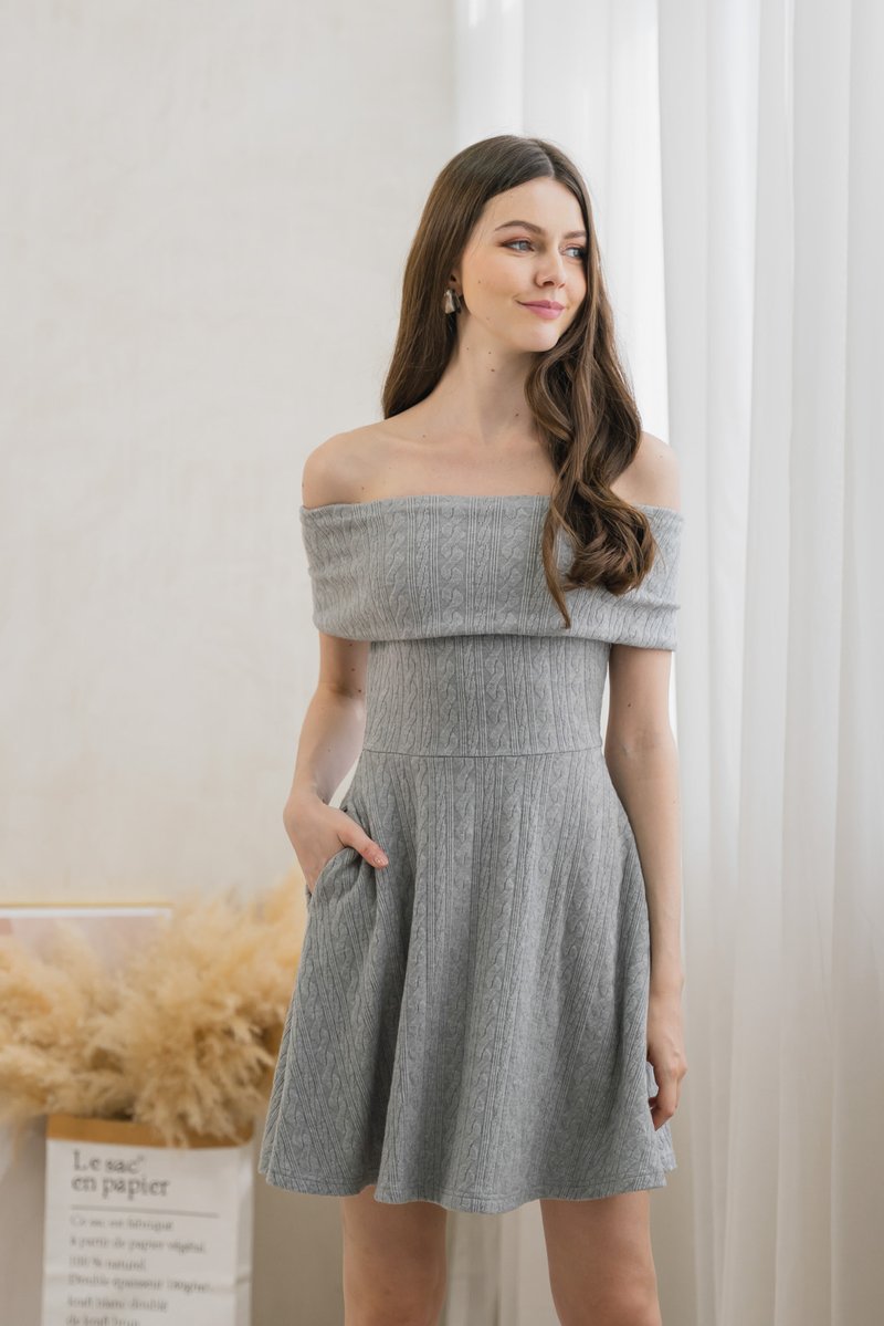 Violeta Off Shoulder Knitted Dress In Grey (XL)
