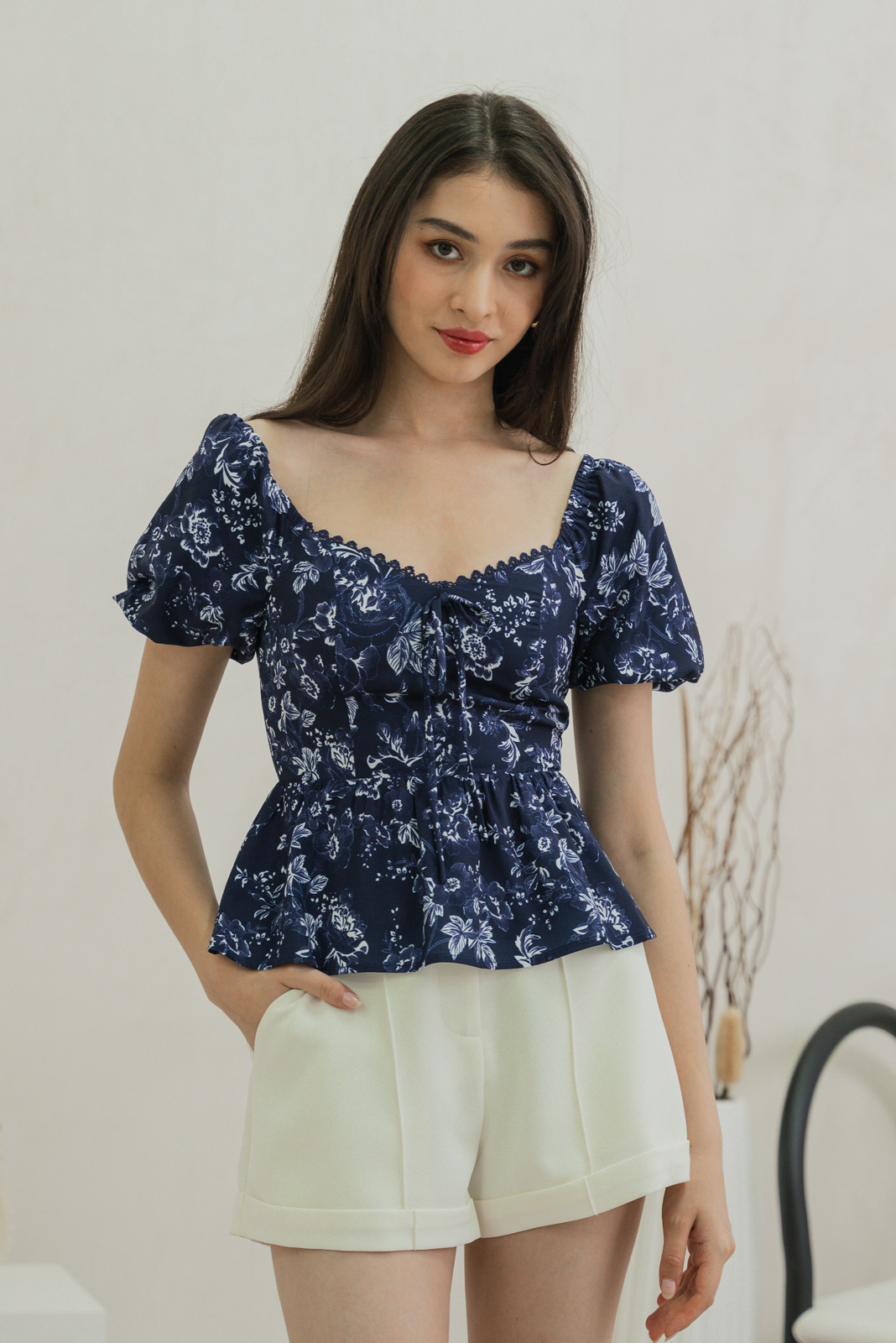 トップス andmary Flower ribbon tops blue ANDMARY】Flower ribbon tops