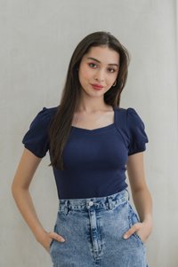 Katnis Cotton Puff Sleeves Top In Navy (XS)