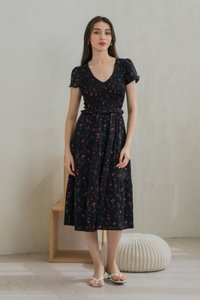 Freesia Ribbon Printed Smocked Midi Dress (XS)