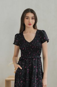 Freesia Ribbon Printed Smocked Midi Dress (XS)
