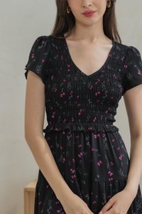 Freesia Ribbon Printed Smocked Midi Dress (XS)