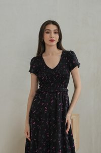 Freesia Ribbon Printed Smocked Midi Dress (XS)