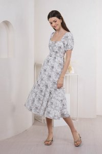 Roslin Floral Smocked Waist Maxi Dress In Grey (XS)