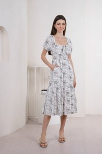 Roslin Floral Smocked Waist Maxi Dress In Grey (XS)