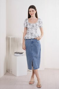 Roslin Floral Ruched Ribbon Top In Grey (XS)
