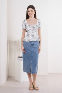 Roslin Floral Ruched Ribbon Top In Grey (XS)