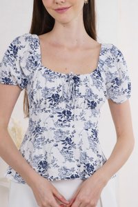 Roslin Floral Ruched Ribbon Top In Navy (XS)