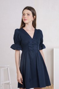 Freida Flounce Sleeve Button Dress In Navy