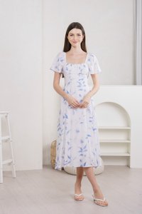 Oasis Printed Ruched Midi Dress In Blue (XS)