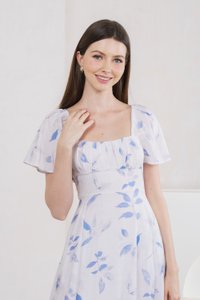 Oasis Printed Ruched Midi Dress In Blue (XS)