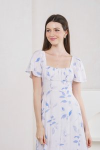 Oasis Printed Ruched Midi Dress In Blue (XS)