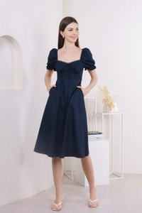 Prism Pleated Crochet Midi Dress In Navy (XS)