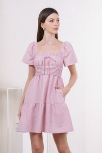 Peachy Textured Ribbon Pleated Dress In Pink (XS)