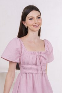 Peachy Textured Ribbon Pleated Dress In Pink (XS)