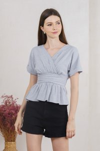 Wanda Faux Wrap Ruched Top In Grey