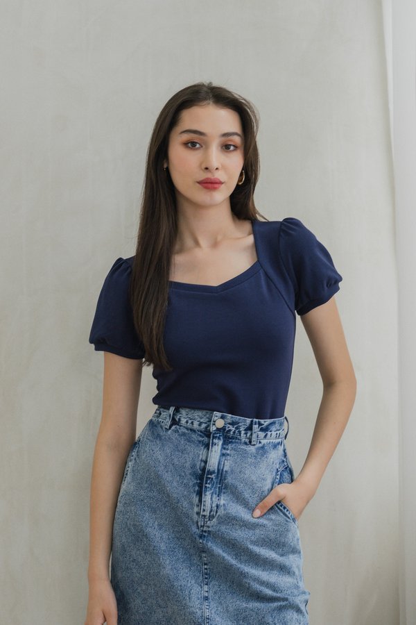 Katnis Cotton Puff Sleeves Top In Navy (XS)