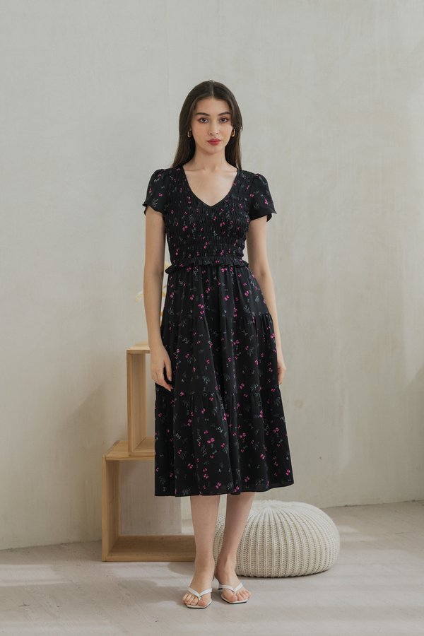Freesia Ribbon Printed Smocked Midi Dress (XS)