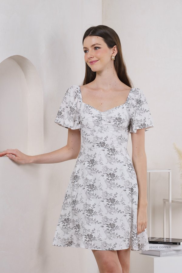 Roslin Floral Sweetheart Dress In Grey