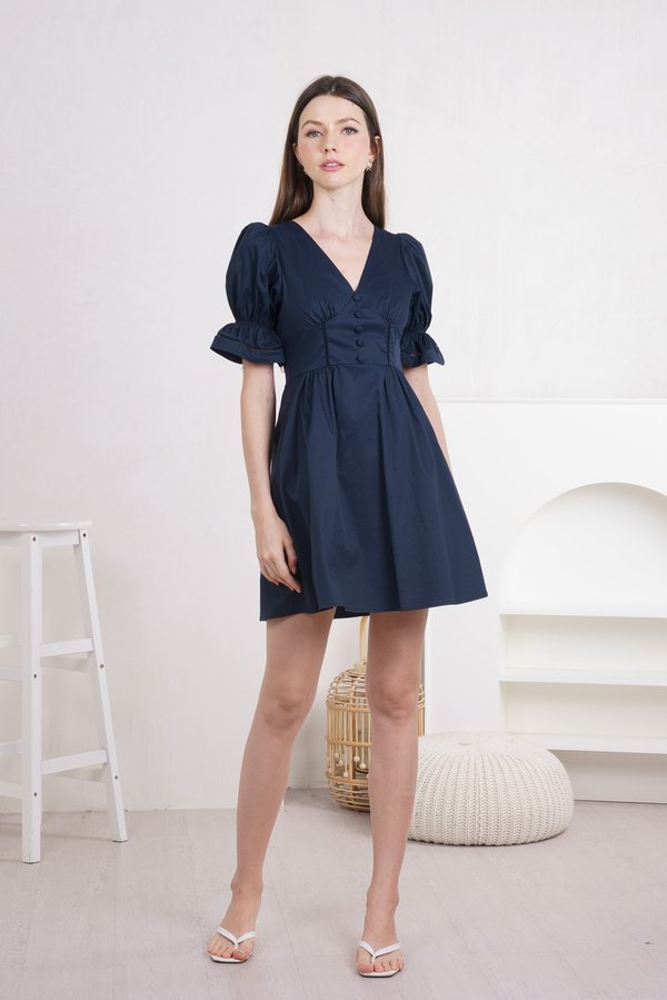 Freida Flounce Sleeve Button Dress In Navy