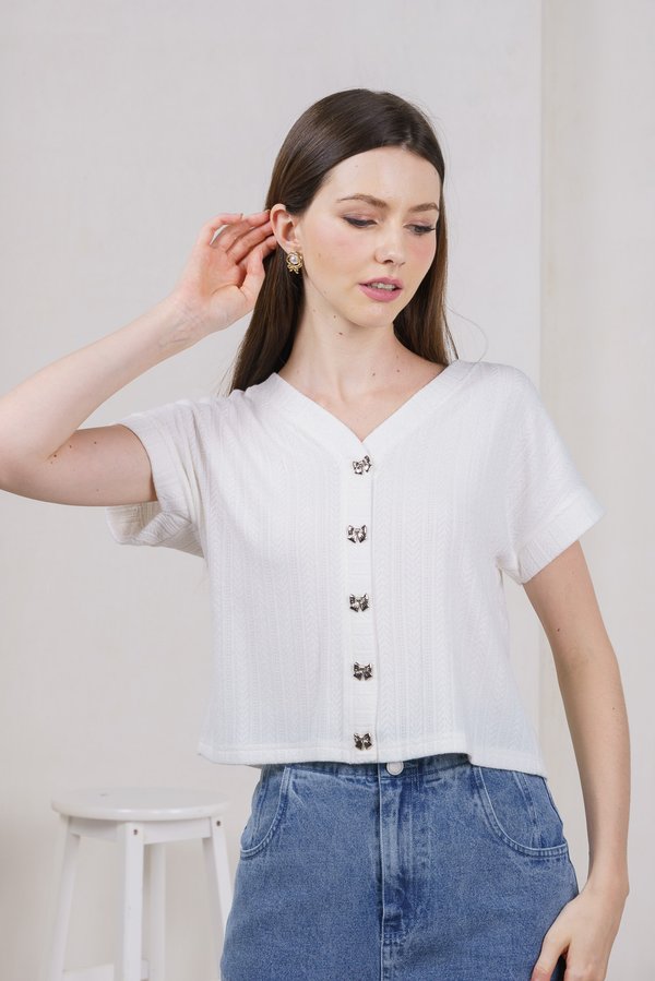 Kamri Ribbon Button Knit Top In White (XXL)