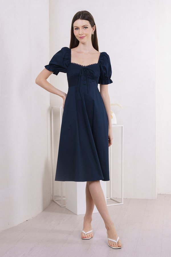 Prism Pleated Crochet Midi Dress In Navy (XS)