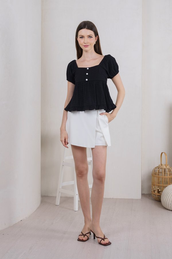 Purity Broidery Pearl Button Top In Black