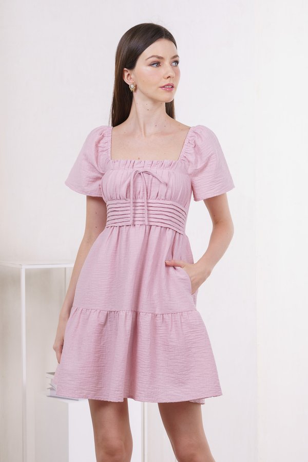 Peachy Textured Ribbon Pleated Dress In Pink (XS)