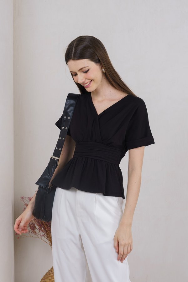 Wanda Faux Wrap Ruched Top In Black (XS)