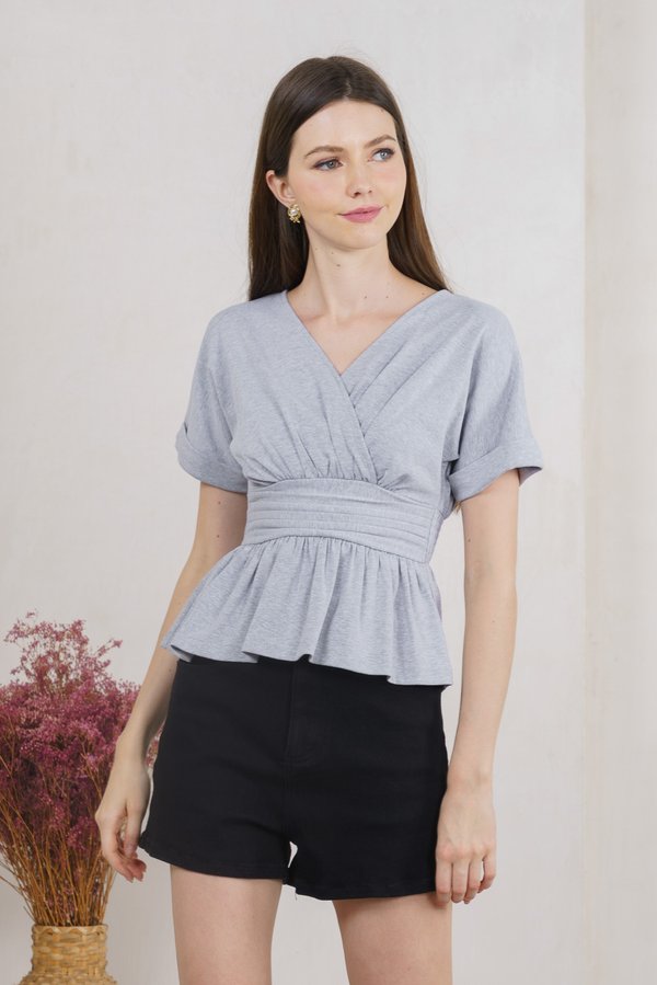 Wanda Faux Wrap Ruched Top In Grey
