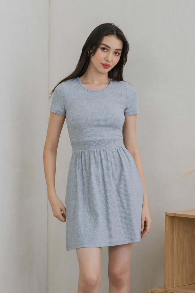 Whisper Smocked Waist Cotton Dress In Grey