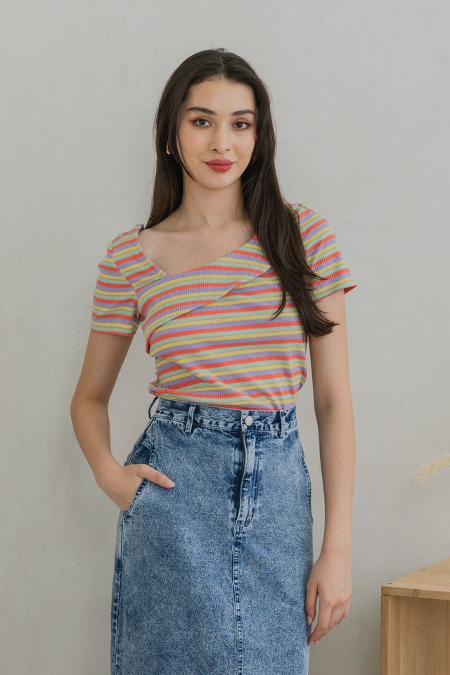 Rainbow One Shoulder Striped Top In Yellow