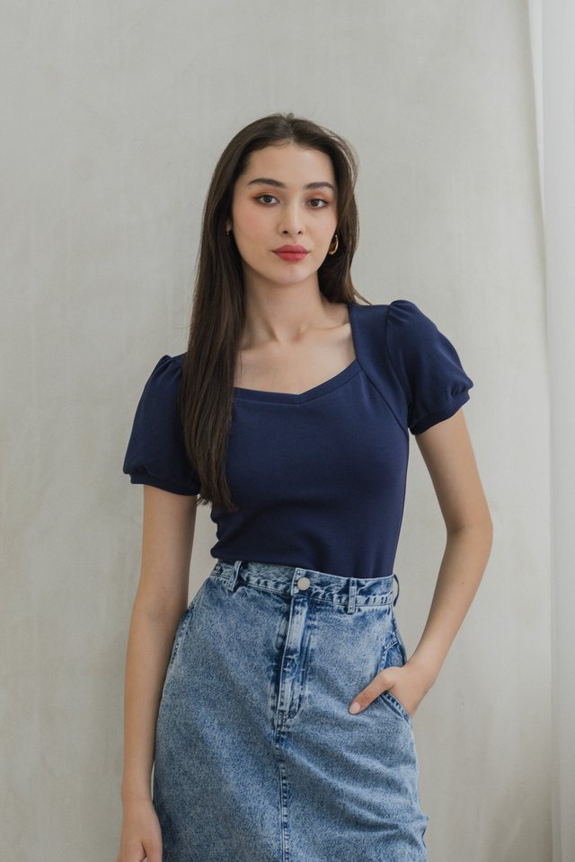 Katnis Cotton Puff Sleeves Top In Navy
