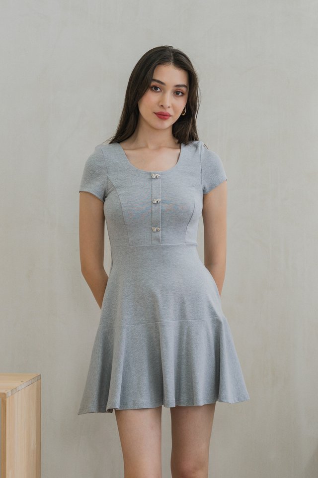 Caspia Ribbon Button Cotton Dress In Grey
